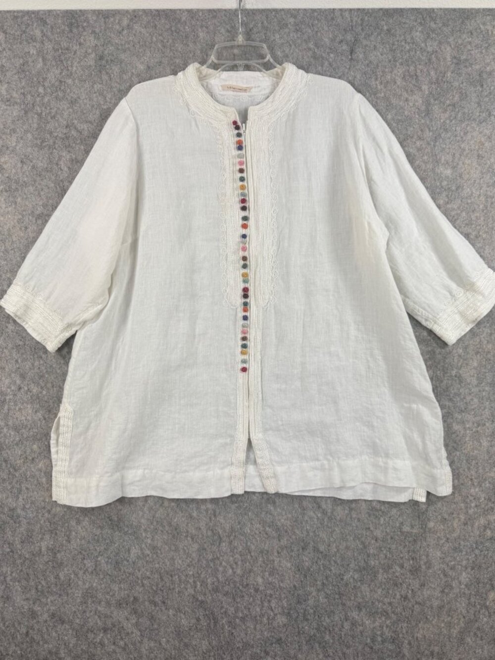 Soft Surroundings White Linen Zip Up Top Embroidered Knots 2X?